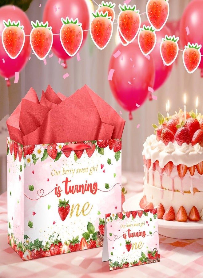 Woosytoo Strawberry 1st Birthday Gift Bag Berry Birthday Decorations Large Sweet One Wrapping Bag with Tissue Paper and Greeting Card for Baby Girl Christmas Xmas Baby Shower Party Favors Supplies - Image 3